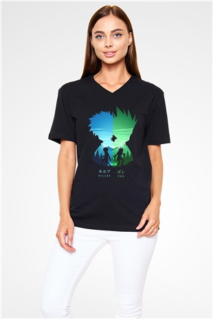 Hunter X Hunter Baskılı Unisex Siyah V Yaka Tişört - Tshirt