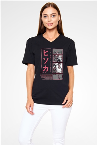 Hunter X Hunter Baskılı Unisex Siyah V Yaka Tişört - Tshirt