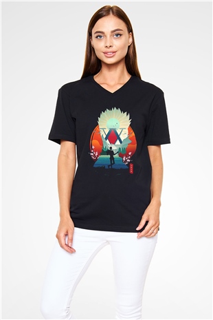 Hunter X Hunter Baskılı Unisex Siyah V Yaka Tişört - Tshirt