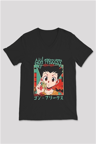 Hunter X Hunter Baskılı Unisex Siyah V Yaka Tişört - Tshirt