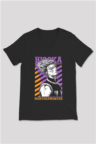 Hunter X Hunter Baskılı Unisex Siyah V Yaka Tişört - Tshirt