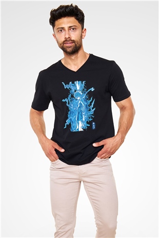 Hunter X Hunter Baskılı Unisex Siyah V Yaka Tişört - Tshirt