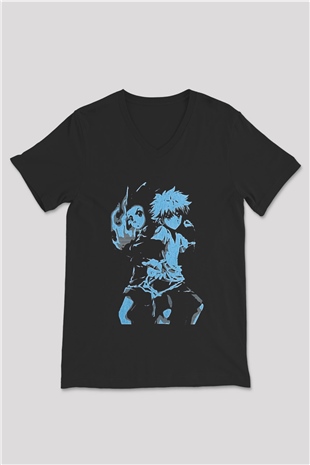 Hunter X Hunter Baskılı Unisex Siyah V Yaka Tişört - Tshirt