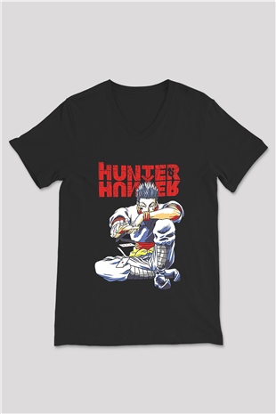 Hunter X Hunter Baskılı Unisex Siyah V Yaka Tişört - Tshirt