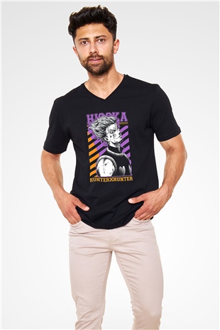 Hunter X Hunter Baskılı Unisex Siyah V Yaka Tişört - Tshirt