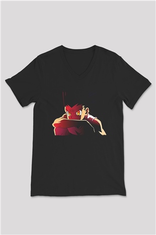 Hunter X Hunter Baskılı Unisex Siyah V Yaka Tişört - Tshirt