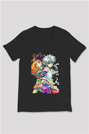 Hunter X Hunter Baskılı Unisex Siyah V Yaka Tişört - Tshirt