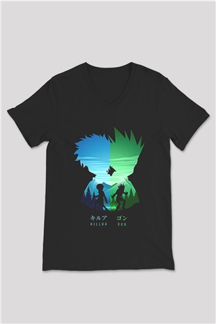 Hunter X Hunter Baskılı Unisex Siyah V Yaka Tişört - Tshirt