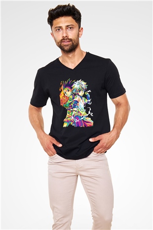 Hunter X Hunter Baskılı Unisex Siyah V Yaka Tişört - Tshirt