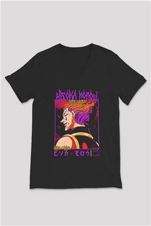 Hunter X Hunter Baskılı Unisex Siyah V Yaka Tişört - Tshirt