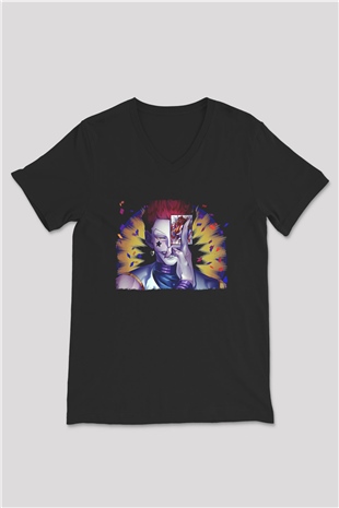 Hunter X Hunter Baskılı Unisex Siyah V Yaka Tişört - Tshirt