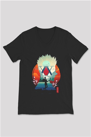 Hunter X Hunter Baskılı Unisex Siyah V Yaka Tişört - Tshirt