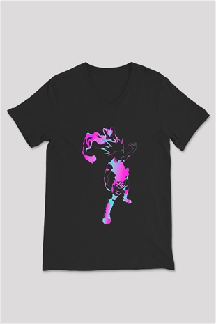 Hunter X Hunter Baskılı Unisex Siyah V Yaka Tişört - Tshirt