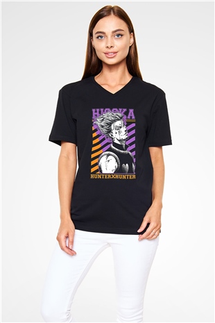 Hunter X Hunter Baskılı Unisex Siyah V Yaka Tişört - Tshirt