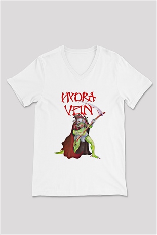 Hydra Vein Baskılı Unisex Beyaz V Yaka Tişört