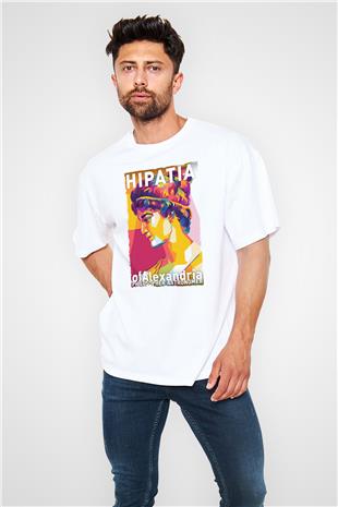 Hypatia of Alexandria Baskılı Unisex Oversize Beyaz Tişört - Tshirt