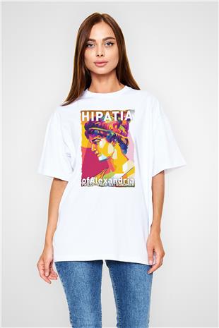 Hypatia of Alexandria Baskılı Unisex Oversize Beyaz Tişört - Tshirt