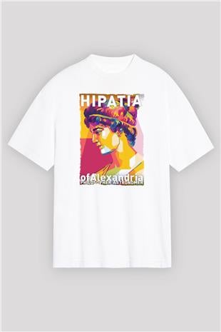 Hypatia of Alexandria Baskılı Unisex Oversize Beyaz Tişört - Tshirt