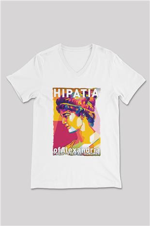 Hypatia of Alexandria Baskılı Unisex V Yaka Beyaz Tişört - Tshirt