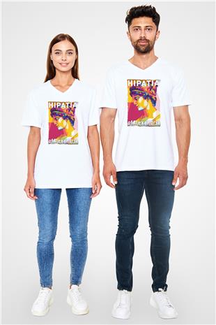 Hypatia of Alexandria Baskılı Unisex V Yaka Beyaz Tişört - Tshirt