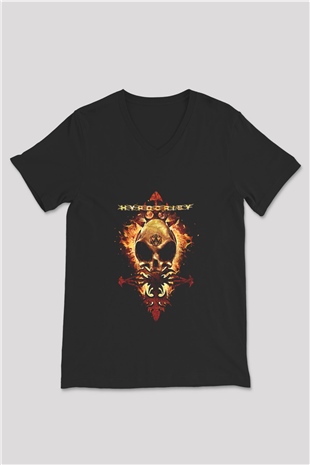 Hypocrisy Baskılı Unisex Siyah V Yaka Tişört - Tshirt
