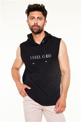 I Feel Good Yazılı Siyah Unisex Kapüşonlu Kolsuz Tişört