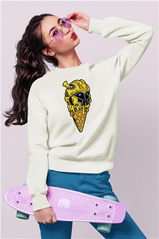 Ice Cream Bumble Bee Baskılı Unisex Beyaz Sweatshirt