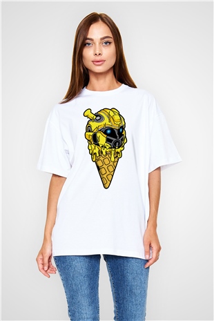 Ice Cream Bumble Bee Baskılı Unisex Beyaz Oversize Tişört