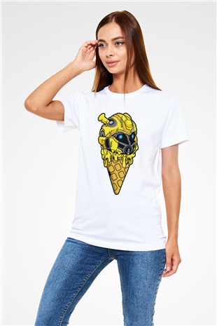 Ice Cream Bumble Bee Baskılı Unisex Beyaz Tişört