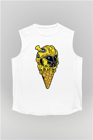 Ice Cream Bumble Bee Baskılı Unisex Beyaz Kolsuz Tişört
