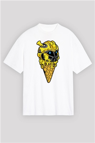 Ice Cream Bumble Bee Baskılı Unisex Beyaz Oversize Tişört