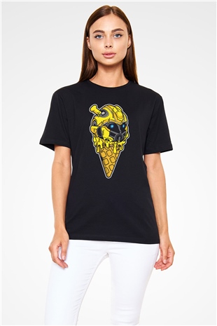 Ice Cream Bumble Bee Baskılı Unisex Siyah Tişört