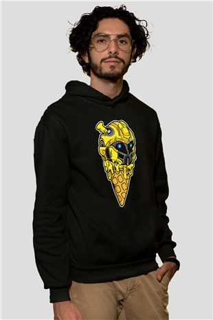 Ice Cream Bumble Bee Baskılı Unisex Siyah Hoodie