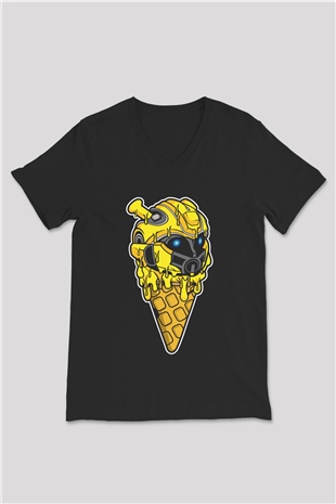 Ice Cream Bumble Bee Baskılı Unisex Siyah V Yaka Tişört
