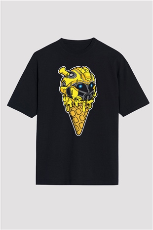Ice Cream Bumble Bee Baskılı Unisex Siyah Oversize Tişört