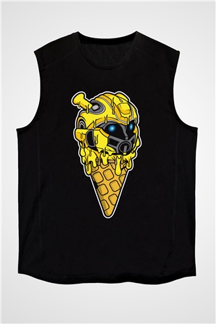 Ice Cream Bumble Bee Baskılı Unisex Siyah Kolsuz Tişört