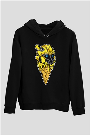 Ice Cream Bumble Bee Baskılı Unisex Siyah Hoodie