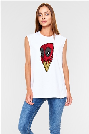 Ice Cream Dead Baskılı Unisex Beyaz Kolsuz Tişört