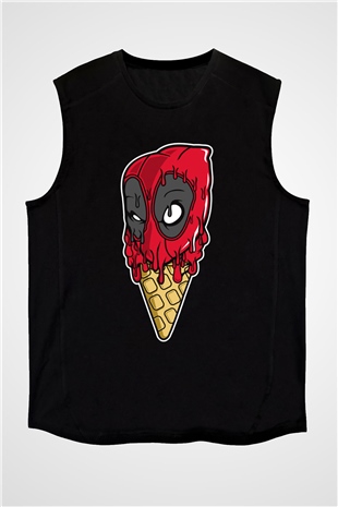 Ice Cream Deadpool Baskılı Unisex Siyah Kolsuz Tişört