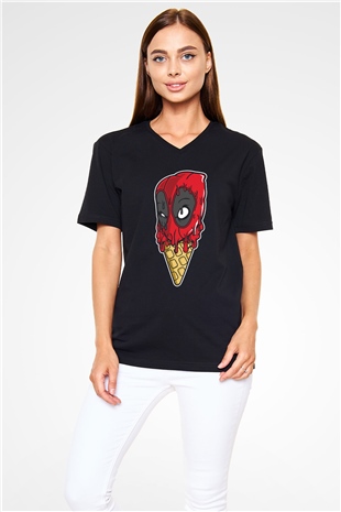 Ice Cream Deadpool Baskılı Unisex Siyah V Yaka Tişört