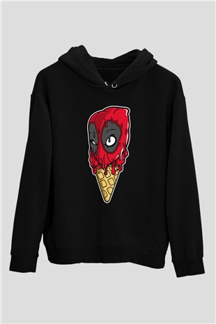 Ice Cream Deadpool Baskılı Unisex Siyah Hoodie