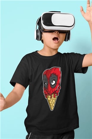 Ice Cream Deadpool Baskılı Unisex Siyah Çocuk Tişört