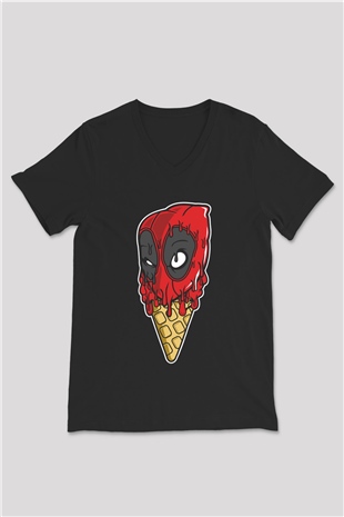 Ice Cream Deadpool Baskılı Unisex Siyah V Yaka Tişört