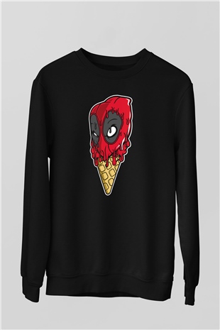 Ice Cream Deadpool Baskılı Unisex Siyah Sweatshirt
