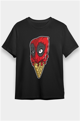 Ice Cream Deadpool Baskılı Unisex Siyah Tişört