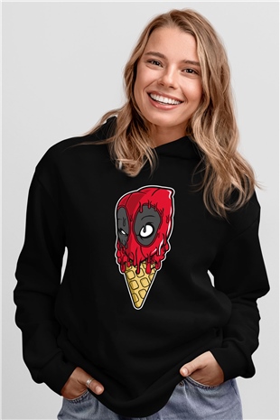 Ice Cream Deadpool Baskılı Unisex Siyah Hoodie