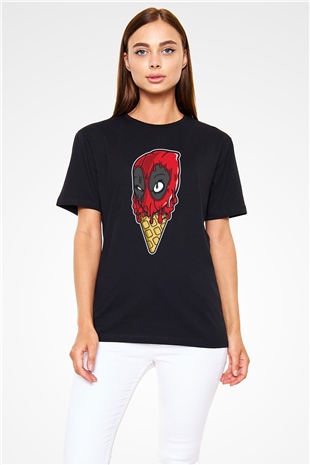 Ice Cream Deadpool Baskılı Unisex Siyah Tişört
