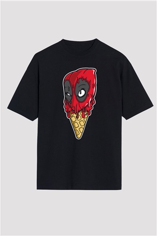 Ice Cream Deadpool Baskılı Unisex Siyah Oversize Tişört