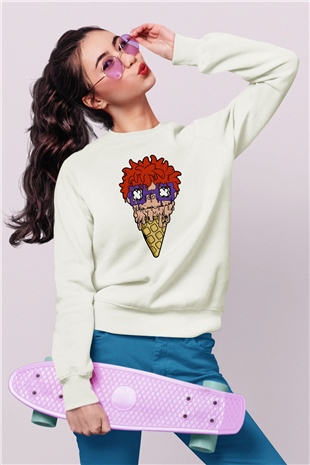 Ice Cream Rugrat Baskılı Unisex Beyaz Sweatshirt