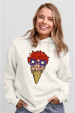 Ice Cream Rugrat Baskılı Unisex Beyaz Hoodie
